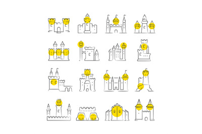 Castles and bastions line icons