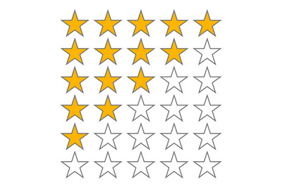 Row of five stars rate. 5 star rating vector icons isolated on white b