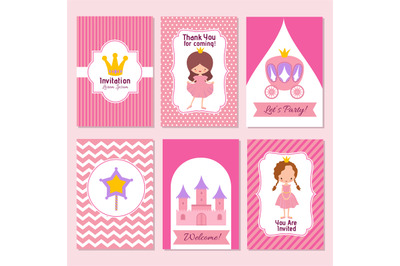 Child happy birthday and princess party pink invitation vector templat