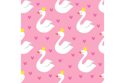 Cute swan princess with crown seamless vector pattern on pink backgrou