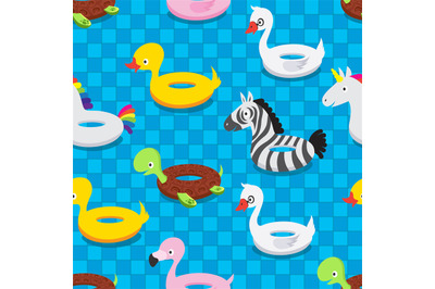 Inflatable animal rubber toys in swimming pool. Swim float rings summe