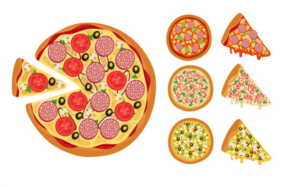 Traditional pizza elements. Whole hot pizza slices vector set isolated