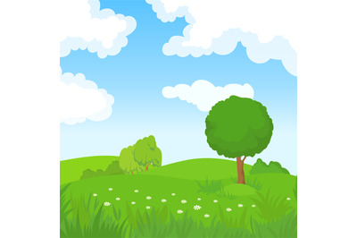 Cartoon summer landscape with green trees and white clouds in blue sky