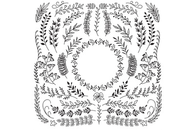 Hand drawn branches with leaves. Decorative floral wreath border frame