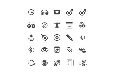 Eye problems&2C; optical contact lens and eyeglasses icons. Eyeball laser