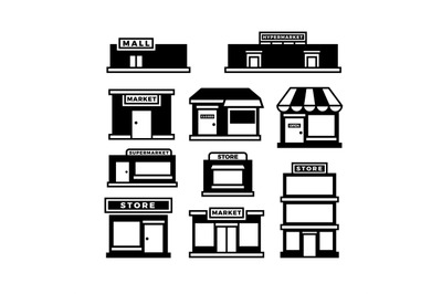 Mall and shop building icons. Shopping and retail pictograms. Supermar