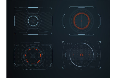 Futuristic helmet hud screens cockpit view. Glowing visual display veh