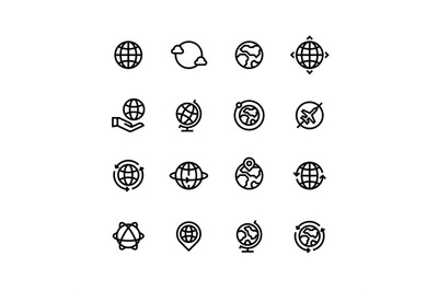 Global world, globe outline icons. Earth, map and travel simple line v