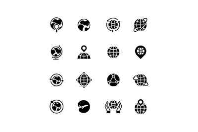 Global communication, globe and geography icons. Earth planet, world m