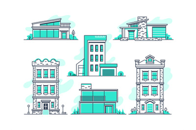 Houses and buildings property and accommodation line icons. Modern arc