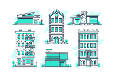 Contemporary urban and suburban houses line icons set. Real estate out