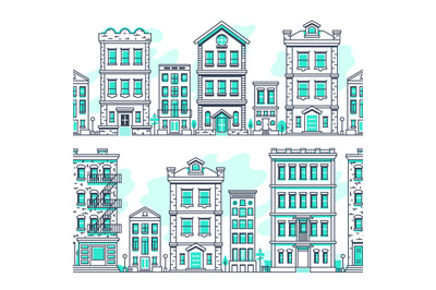 Line art city seamless landscapes. Outline housing, real estate market