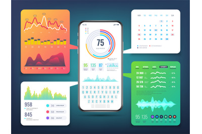 Cell phone application interface design with business infographics cha