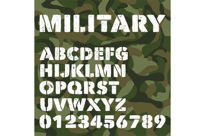 Old military alphabet&2C; bold letters and numbers on army green camoufla