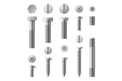 Realistic 3d metal bolts, nuts, rivets and screws isolated vector set