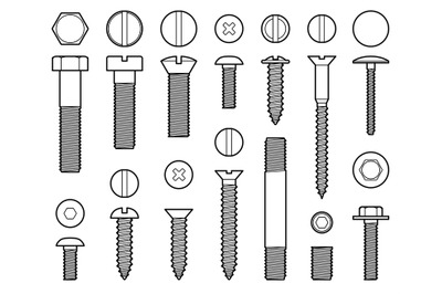 Industrial screws bolts, nuts and nails line vector icons