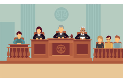 Courtroom interior with judges and lawyer. Justice and law vector conc