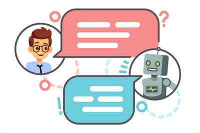 Human conversation with robot on smartphone. Chatting with bot, chatbo