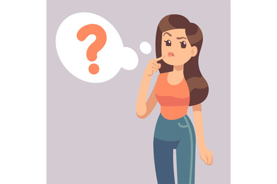 Cartoon young standing woman thinking with question mark in think bubb