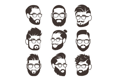 Handsome bearded hipster man faces with mustache and modern male hairs