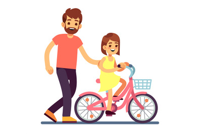 Happy dad teaching daughter cycling bike. Happy family vector concept