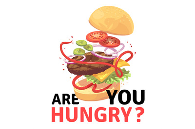 Delicious burger. Attractive flying hamburger cartoon vector illustrat