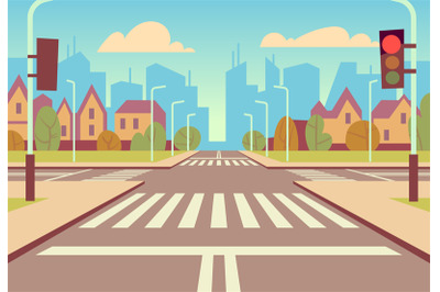 Cartoon city crossroads with traffic lights, sidewalk, crosswalk and u