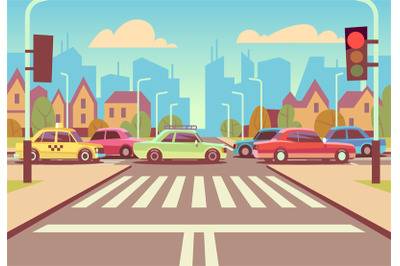 Cartoon city crossroads with cars in traffic jam&2C; sidewalk&2C; crosswalk