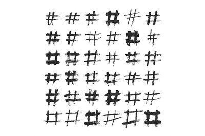 Hashtag and number ink brushed black symbols. Hand drawn hash and poun