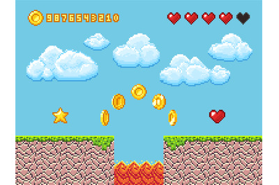 Video pixel game landscape with gold coins, white clouds and red heart