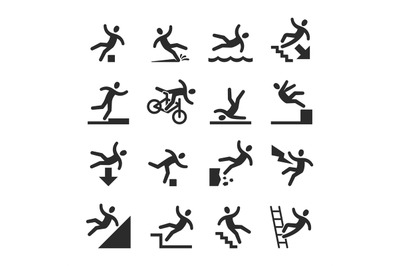 Stick figure man falling beware, hazard warning symbols. Person injury