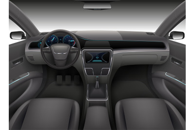 Realistic car interior with rudder, dashboard front panel and auto win