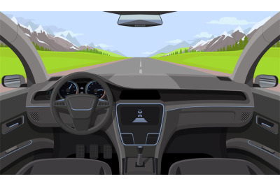 Vehicle salon, inside car driver view with rudder, dashboard and road,