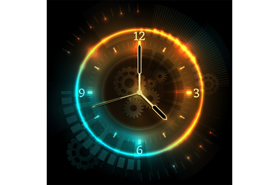 Digital futuristic watch with neon effects. Time abstract vector conce