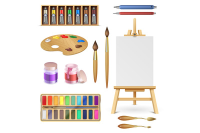 Artistic tools and art supplies with easel, palette paints brush and c