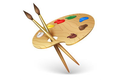 Wooden artist palette with paint brushes vector illustration isolated