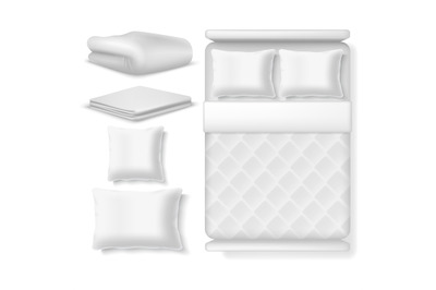 Blank white realistic bedding top view. Bed with blanket, pillow, line