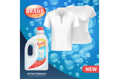 Plastic bottle with clean laundry detergent. Advertising vector backgr