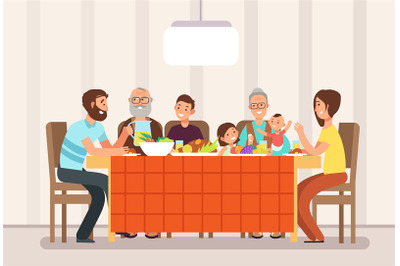 Big happy family eating lunch together in living room cartoon vector i