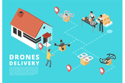 People with quadrupter sending and receiving goods. Drone delivery ser