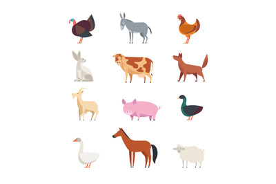 Cartoon farm animals and birds vector set isolated. Sheep, goat, cow,