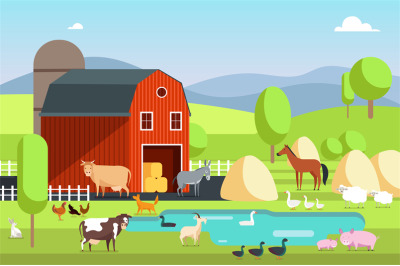 Ranch house, farm building and agricultural animals in rural landscape