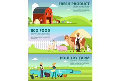 Organic farming and agribusiness banners with cartoon farmer character