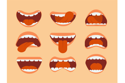 Expressive cartoon human mouth with tongue and teeth. Vector set for m