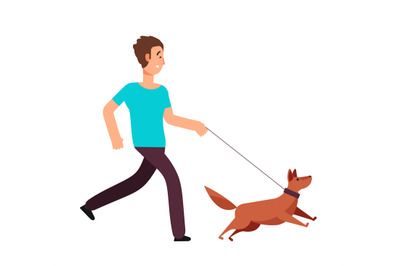 Cartoon man running with dog. Healthy lifestyle vector concept