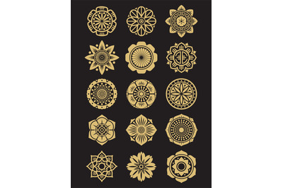 Asian flowers icons set isolated on black background. Chinese or japan