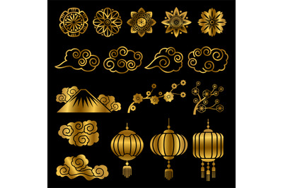 Golden japanese and chinese asian motif vector decor elements