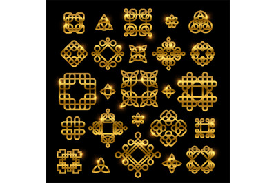 Golden celtic knots with shiny elements isolated on black background.