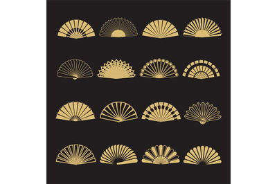 Gold hand fan vector icons. Hand fan isolated on black background