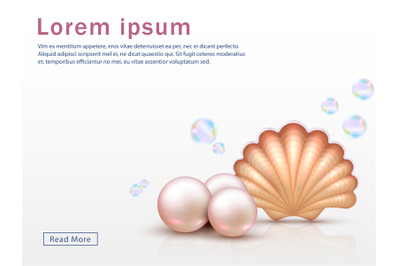 Web page template with realistic shell and pearls and colorful bubbles